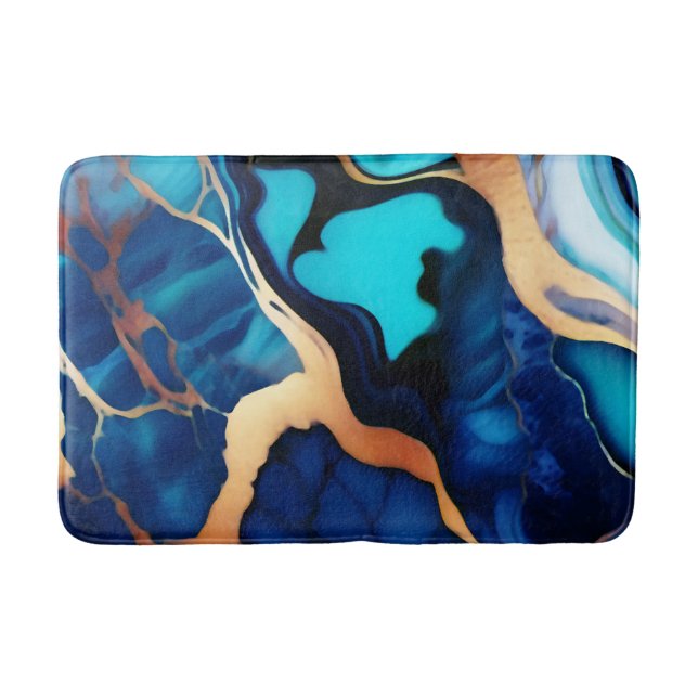 Trendy Blue yellow Gold faux marble Bath Mat (Front)