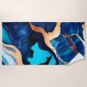 Trendy Blue yellow Gold faux marble  Beach Towel