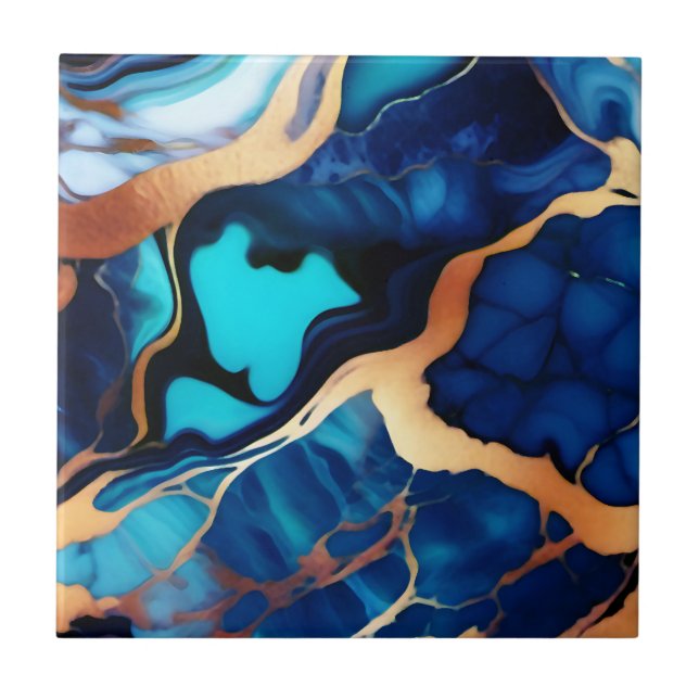 Trendy Blue yellow Gold faux marble Ceramic Tile (Front)