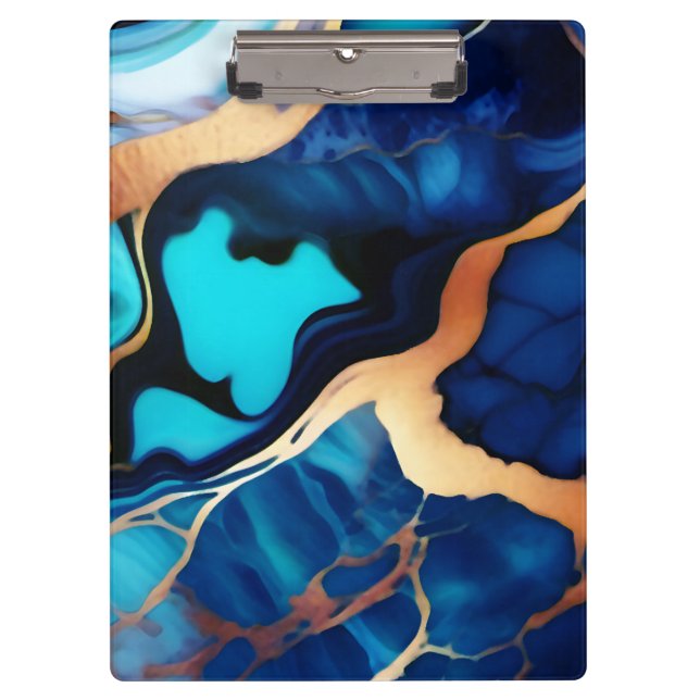 Trendy Blue yellow Gold faux marble Clipboard (Front)