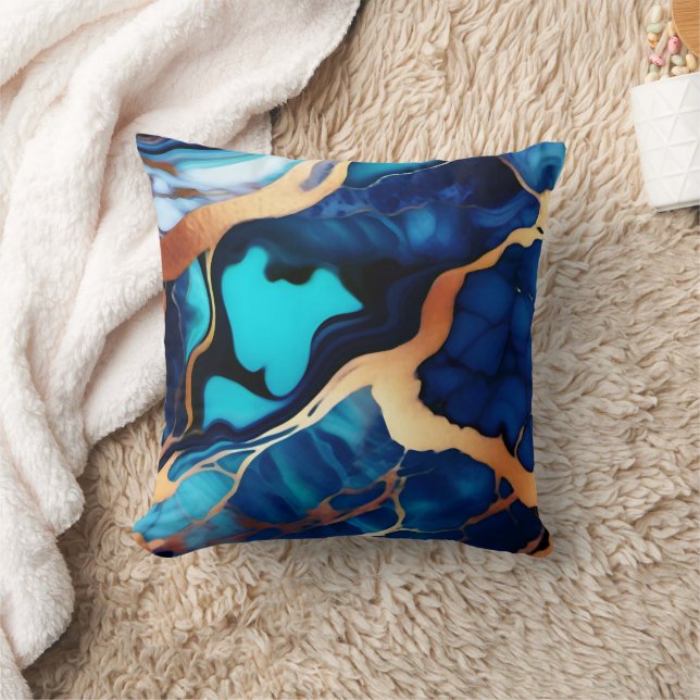 Trendy Blue yellow Gold faux marble Cushion (Blanket)