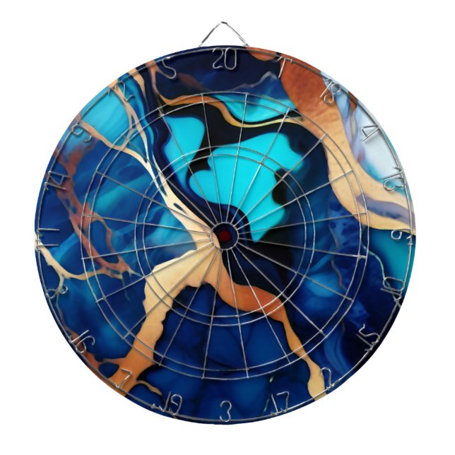 Trendy Blue yellow Gold faux marble Dartboard (Front)