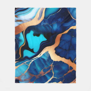 Trendy Blue yellow Gold faux marble  Fleece Blanket