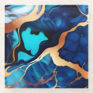 Trendy Blue yellow Gold faux marble Glass Coaster