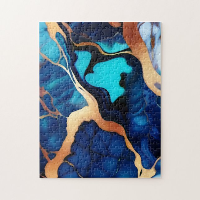 Trendy Blue yellow Gold faux marble Jigsaw Puzzle (Vertical)