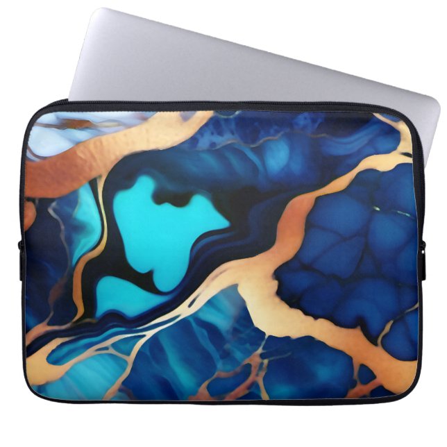Trendy Blue yellow Gold faux marble Laptop Sleeve (Front)
