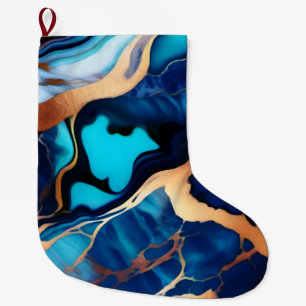 Trendy Blue yellow Gold faux marble  Large Christmas Stocking