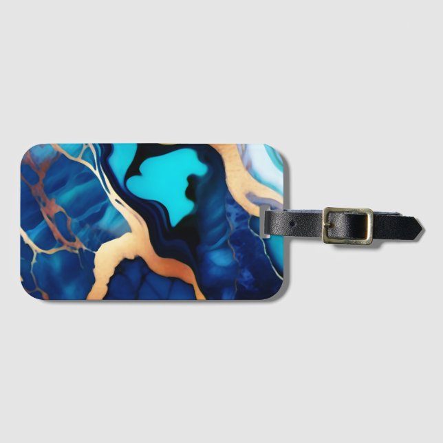 Trendy Blue yellow Gold faux marble Luggage Tag (Front Horizontal)