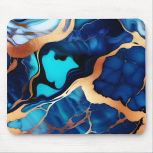 Trendy Blue yellow Gold faux marble Mouse Pad