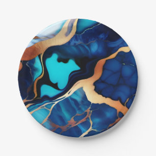 Trendy Blue yellow Gold faux marble Paper Plate