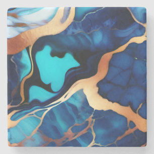 Trendy Blue yellow Gold faux marble Stone Coaster