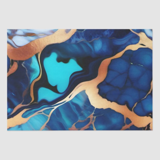 Trendy Blue yellow Gold faux marble Tissue Paper (Front)