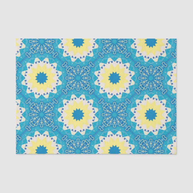 Trendy Blue & Yellow Ornamental Geometric Pattern Tissue Paper (Front)