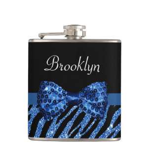 Trendy Blue Zebra Print FAUX Glitz Bow With Name Hip Flask
