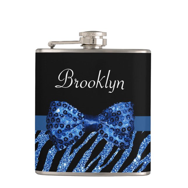 Trendy Blue Zebra Print FAUX Glitz Bow With Name Hip Flask (Front)