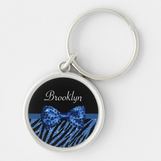 Trendy Blue Zebra Print FAUX Glitz Bow With Name Key Ring (Front)