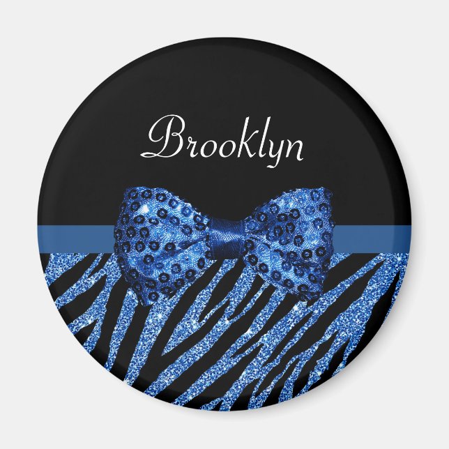 Trendy Blue Zebra Print FAUX Glitz Bow With Name Magnet (Front)
