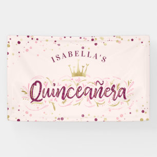Trendy Blush Burgundy & Gold Confetti Quinceañera Banner