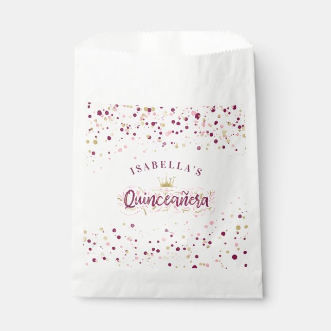 Trendy Blush Burgundy & Gold Confetti Quinceañera Favour Bag (Front)