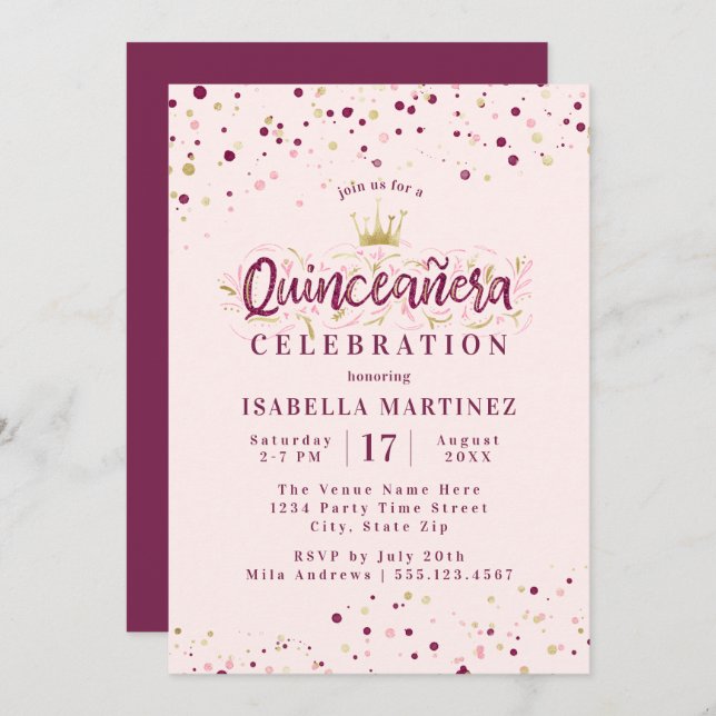 Trendy Blush Burgundy & Gold Confetti Quinceañera Invitation (Front/Back)