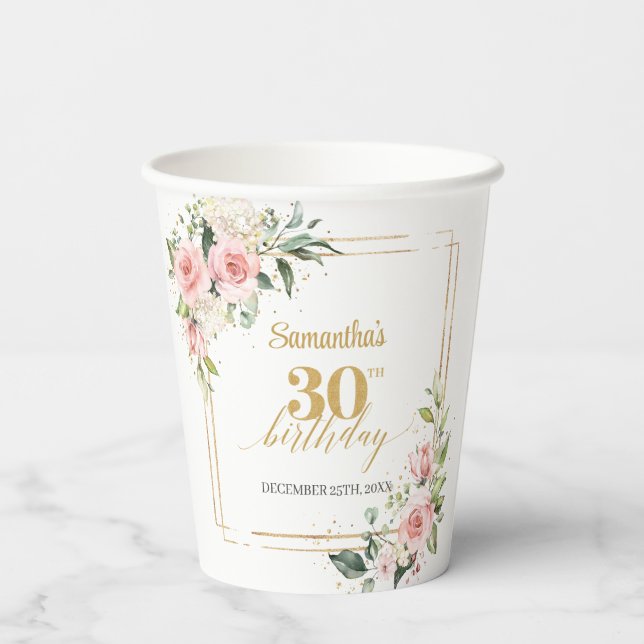 Trendy blush floral eucalyptus gold 30th birthday  paper cups (Back)