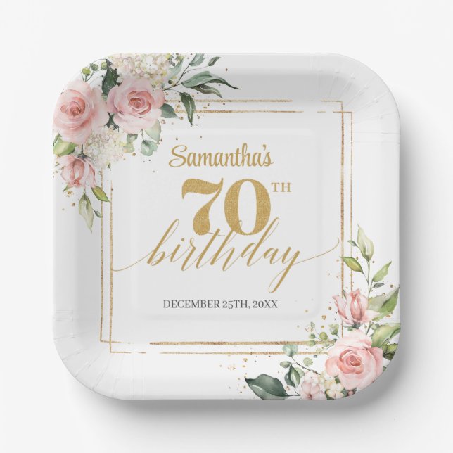 Trendy blush floral eucalyptus gold 70th birthday paper plate (Front)