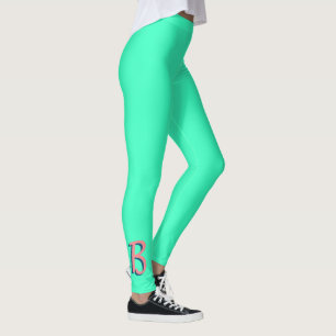 Trendy Blush Pink 3D Text Initial Neon Teal Leggings