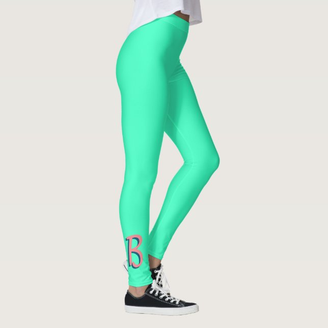 Trendy Blush Pink 3D Text Initial | Neon Teal  Leggings (Right)