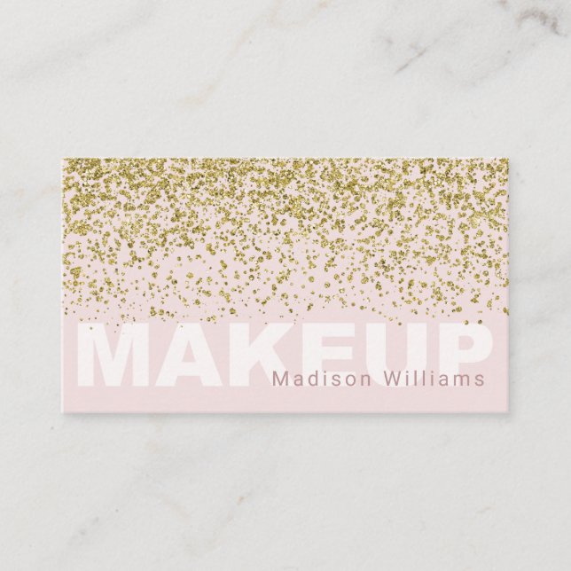 Trendy Blush Pink and Gold Glitter Makeup Business Card (Front)