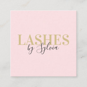 Trendy blush pink and gold lashes chic script font square business card