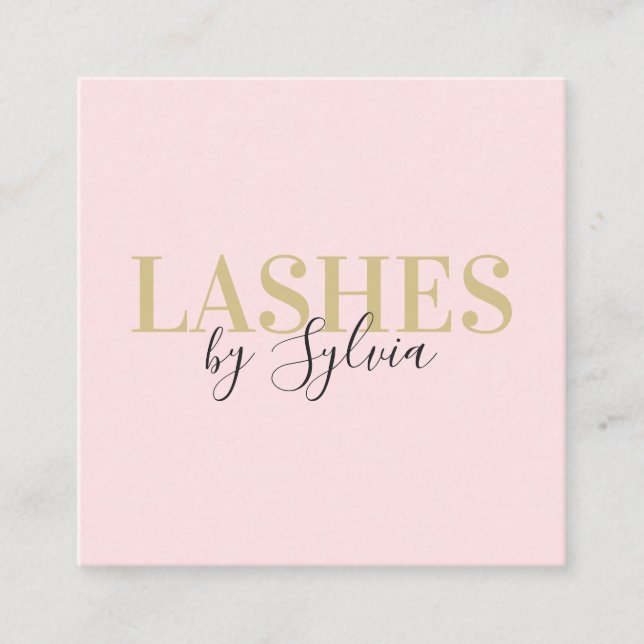 Trendy blush pink and gold lashes chic script font square business card (Front)