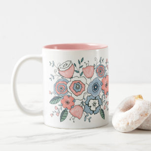Trendy Blush Pink Blue Boho Flowers Two-Tone Coffee Mug