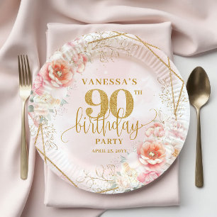 Trendy Blush Pink Floral Gold 90th Birthday Paper Plate