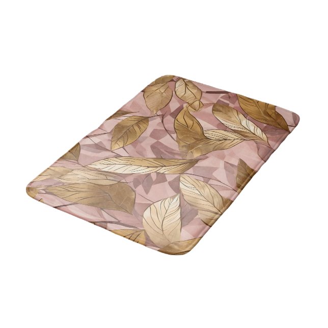 Trendy Blush Pink Gold Boho Leaves Collection Bath Mat (Angled)