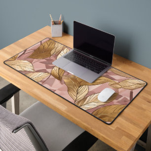 Trendy Blush Pink Gold Boho Leaves Collection Desk Mat