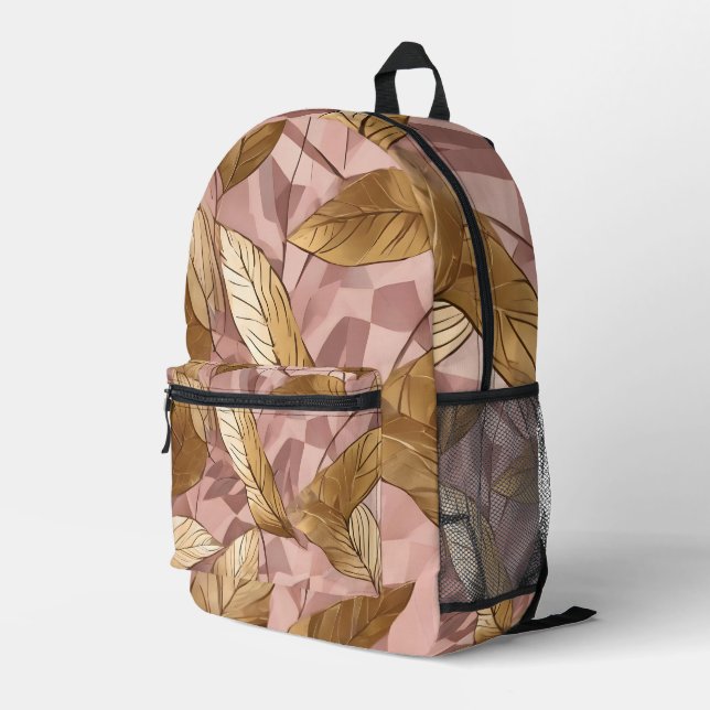 Trendy Blush Pink Gold Boho Leaves Collection Printed Backpack (Back Corner Right)