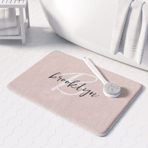 Trendy Blush Pink Grey Script Monogram Name Bath Mat