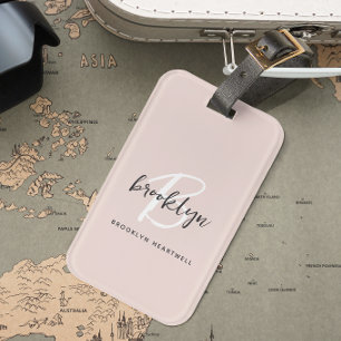 Trendy Blush Pink Grey Script Monogram Name Luggage Tag