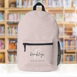 Trendy Blush Pink Grey Script Monogram Name Printed Backpack