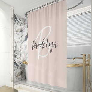 Trendy Blush Pink Grey Script Monogram Name Shower Curtain