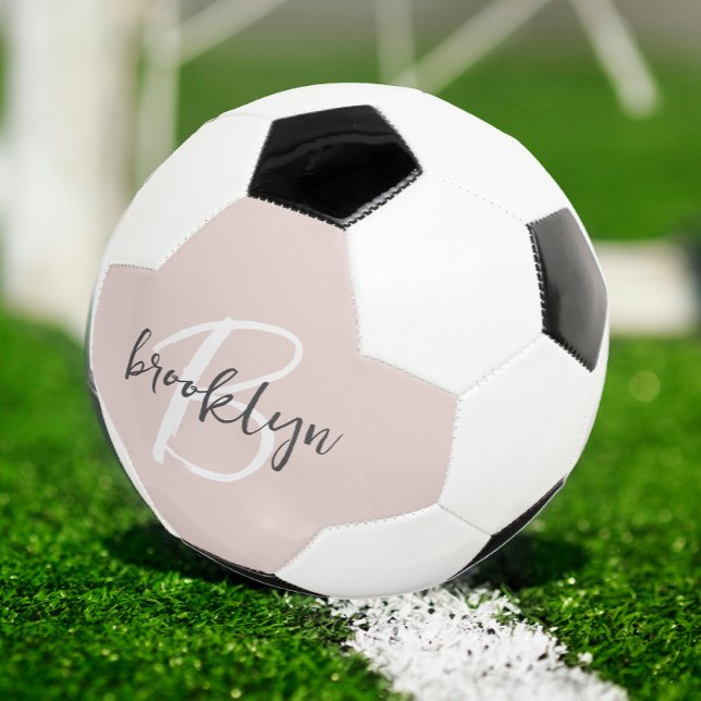 Trendy Blush Pink Grey Script Monogram Name Soccer Ball (Creator Uploaded)
