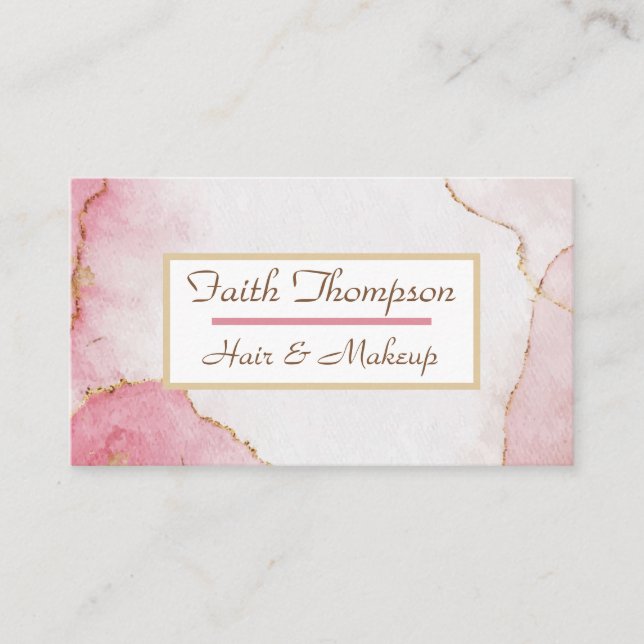Trendy Blush Pink Marble Gold Hair Stylist Business Card (Front)