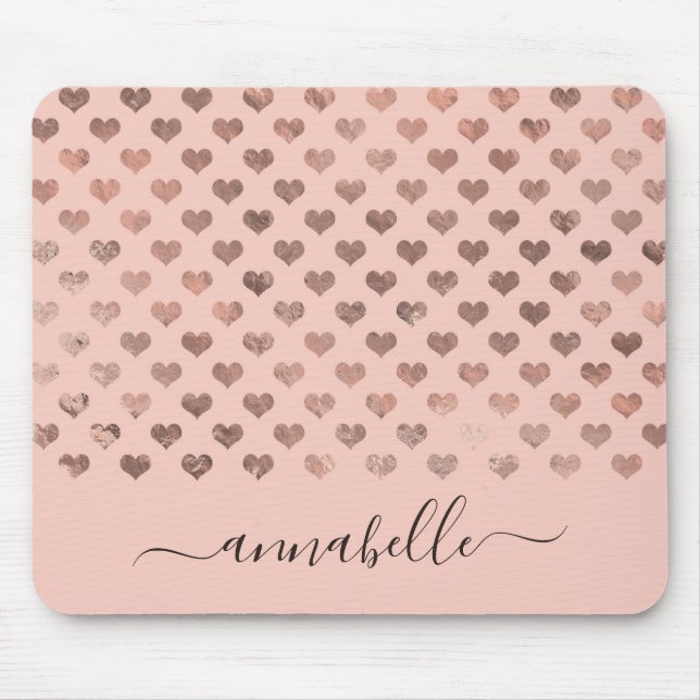 Trendy Blush Pink Rose Gold Hearts Script Name Mouse Pad (Front)