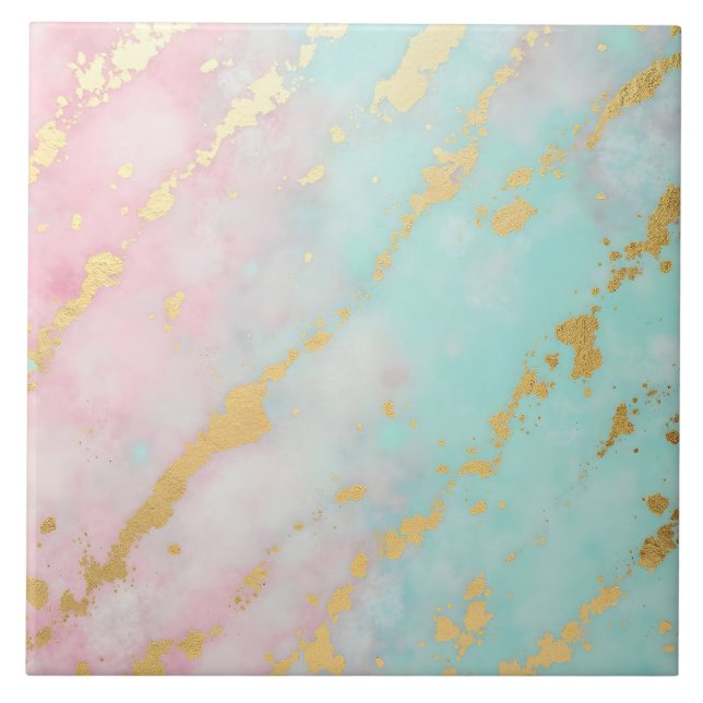 Trendy Blush Pink Soft Mint Gold Luxury Collection Ceramic Tile (Front)