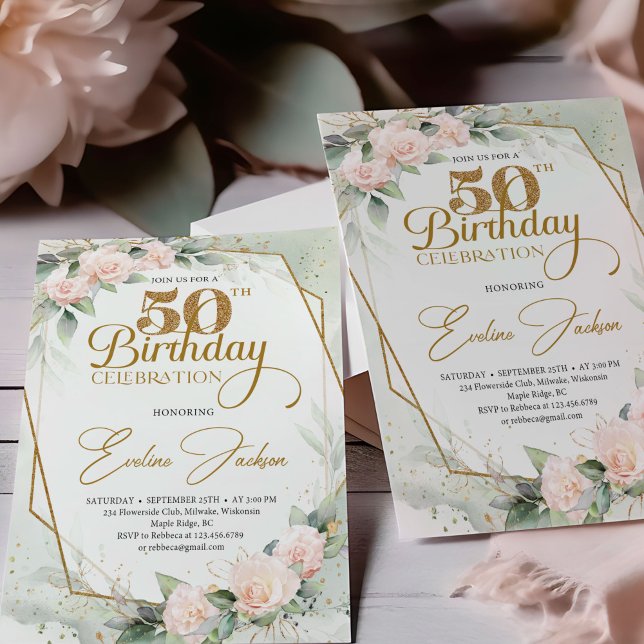 Trendy blush roses eucalyptus greenery gold frame  invitation (Gold numbers blush roses and eucalyptus 50th birthday invitation digital )