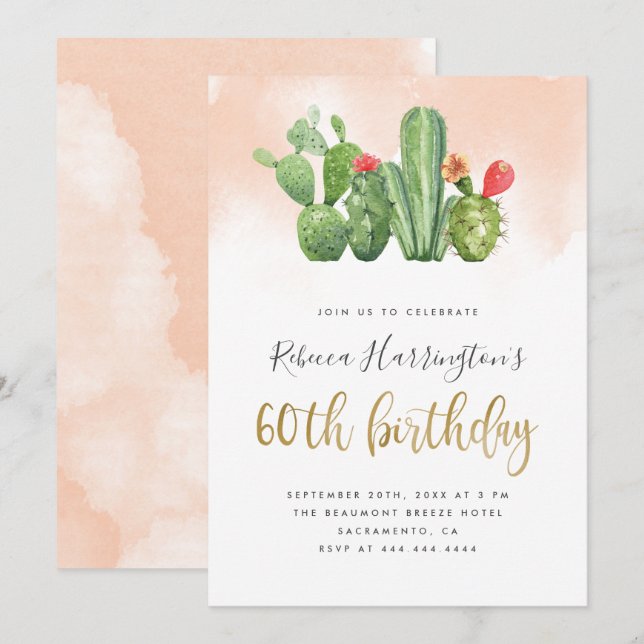 Trendy Blush Watercolor & Cactus 60th Birthday Invitation (Front/Back)