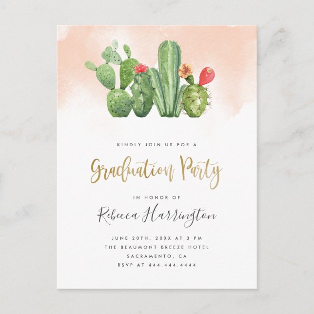 Trendy Blush Watercolor & Cactus Graduation Party Invitation Postcard (Front)