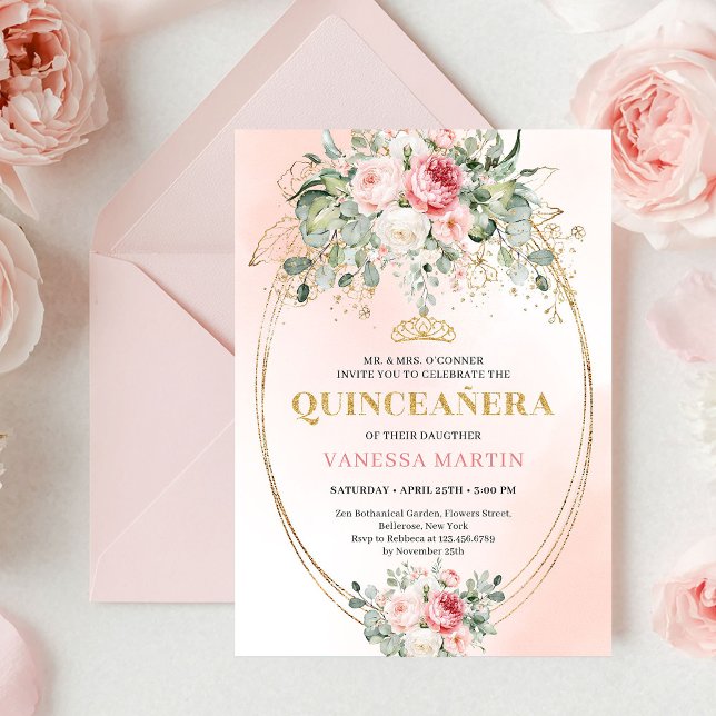 Trendy Bohemian Blush Floral Quinceañera Invitatio Invitation (Trendy Bohemian Blush Floral Quinceañera Invitation)