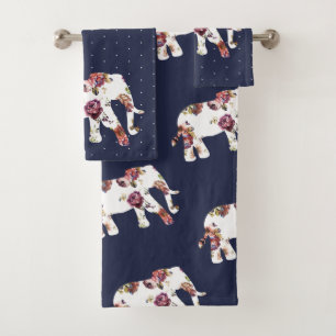 Trendy Bohemian Floral Elephants & Polka Dots Bath Towel Set
