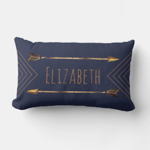 Trendy Bohemian Gold Tribal Arrows & Navy Lumbar Cushion